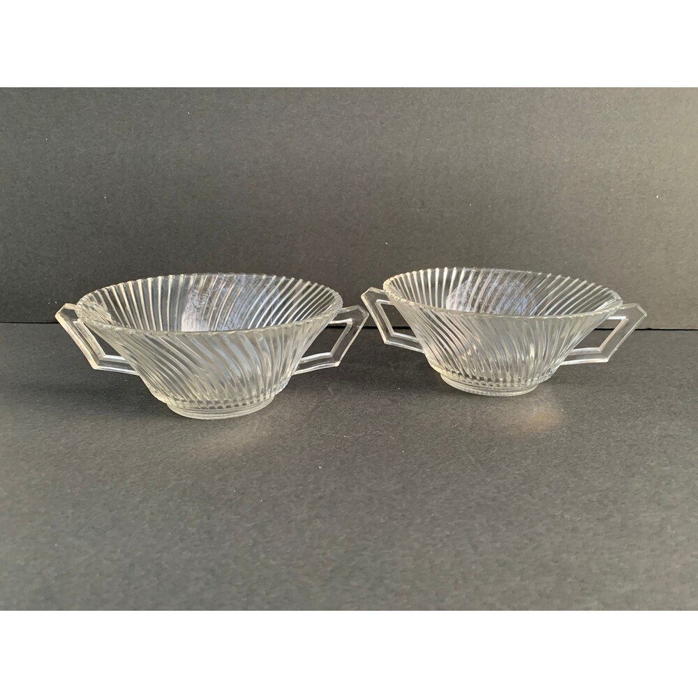 Two 1930s Federal Glass Clear Diana Cream Soup Bowls with handles - 2.25” x 7”